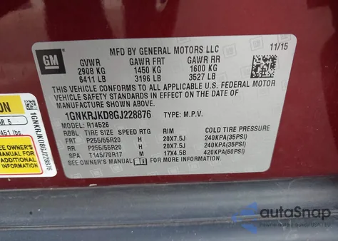 2016 Chevrolet Traverse Ltz from USA, damaged, VIN 1GNKRJKD8GJ228876